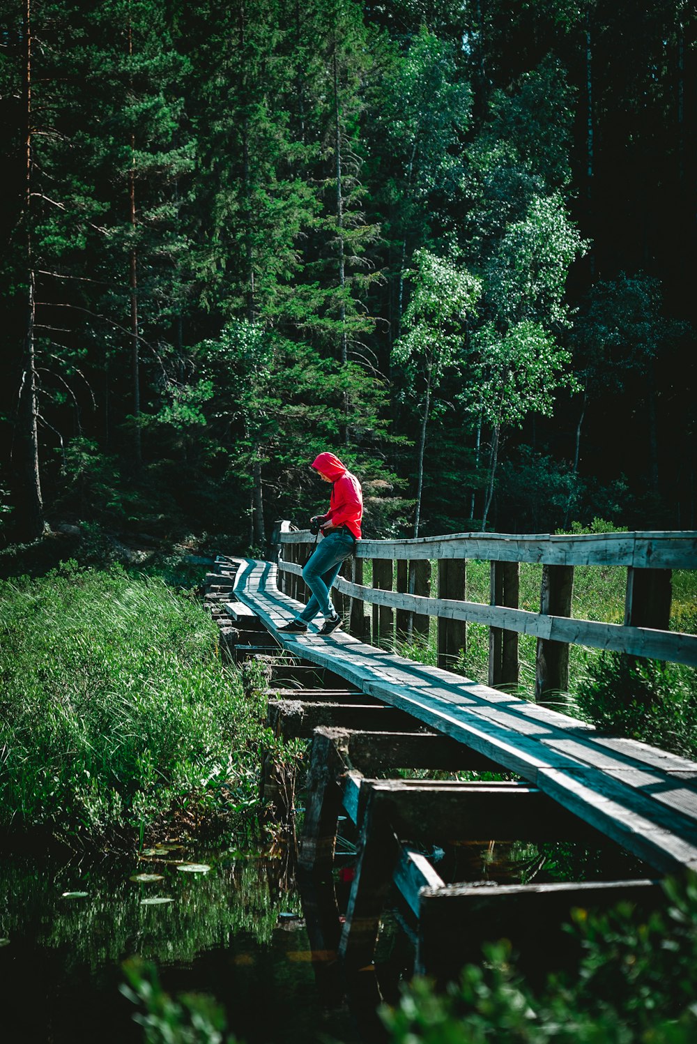 Persona de pie en un puente de madera sobre un cuerpo de agua