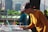 A DJ is focusing on his work at a music event, using a laptop and DJ equipment. He is wearing a mustard-colored long-sleeve shirt and a black cap. In the background, there is a cityscape with tall buildings and green hills.