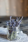 selective focus photography of blue petaled flowers in clear glass jar