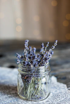 A small jar of calming balm surrounded by lavender and eucalyptus leaves on a cozy fabric.