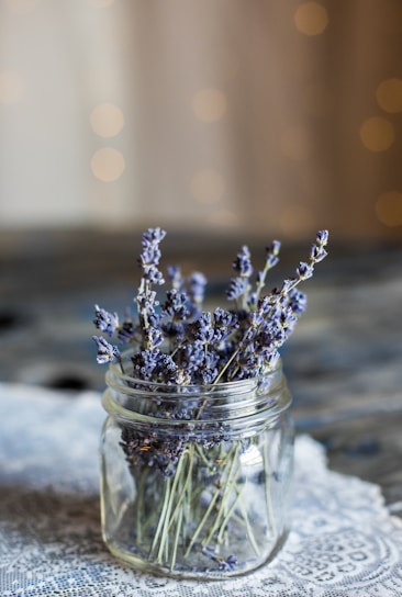 Holistic Wellness, Lavendar in a glass jar, with words Explore Our Products, Shop Now