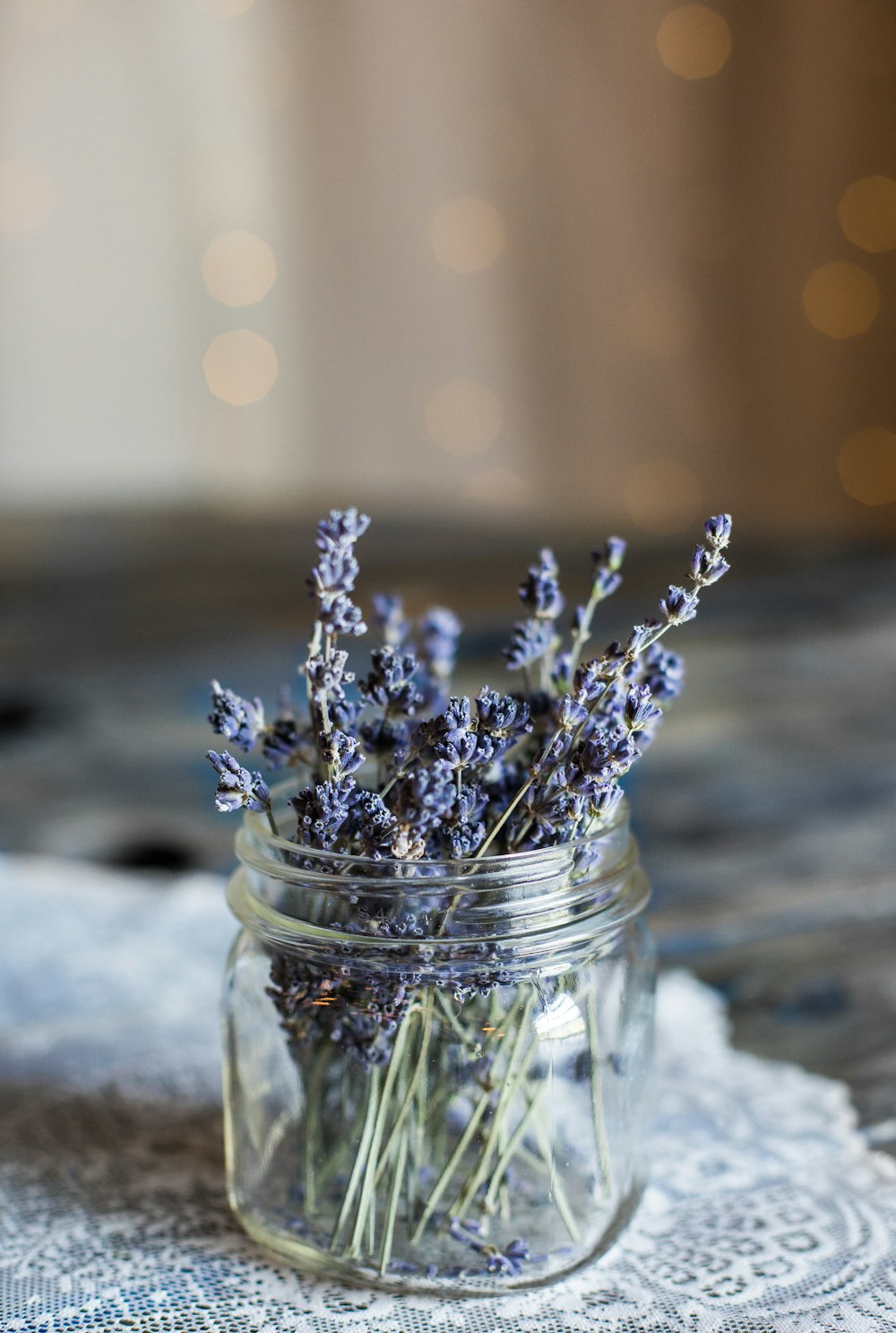 Fotografía de enfoque selectivo de flores de pétalos azules en frasco de vidrio transparente