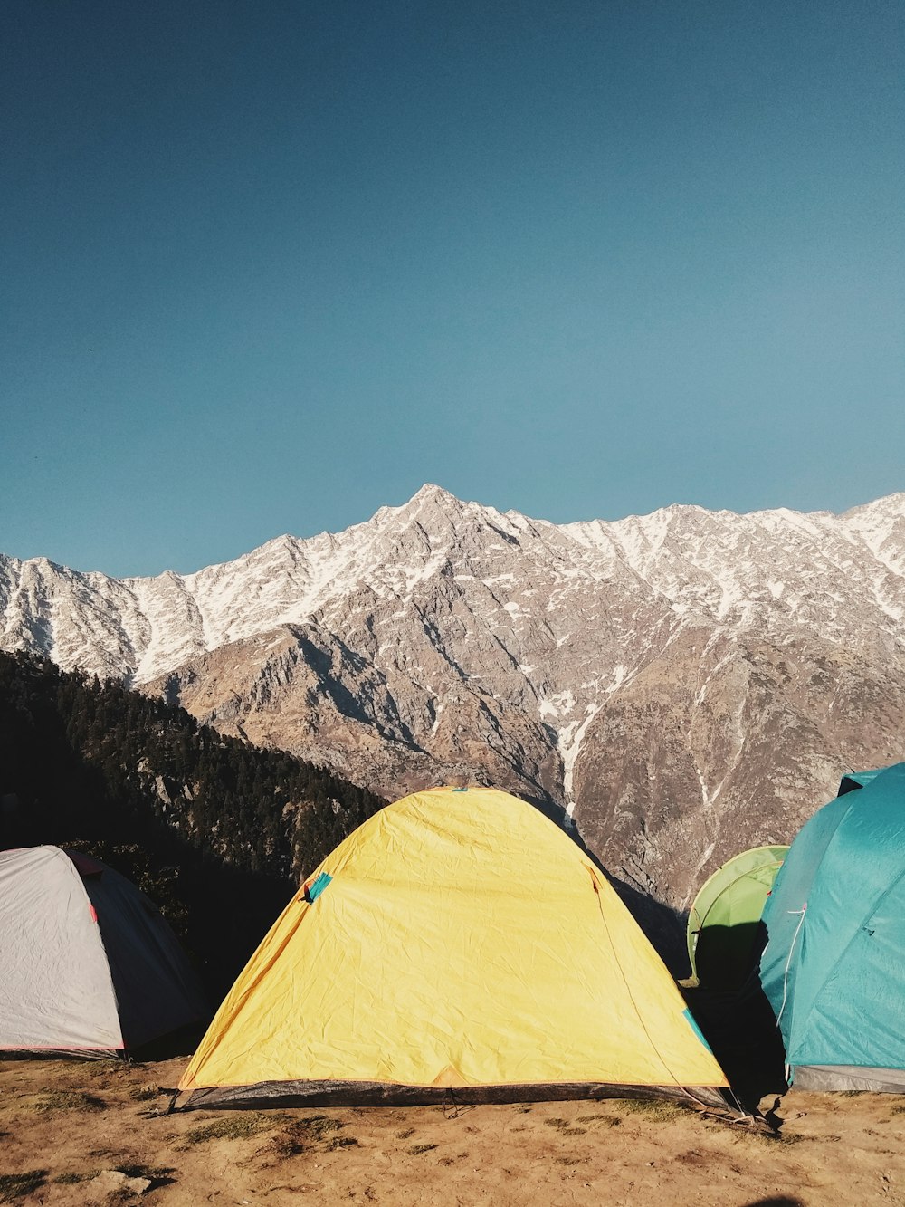 gelbe, weiße und blaue Campingzelte auf dem Boden