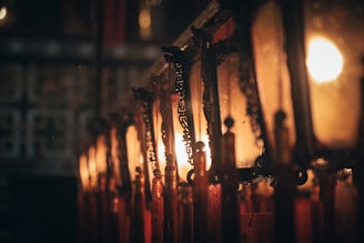 A gentle beam of light illuminating a path lined with delicate lanterns at night.