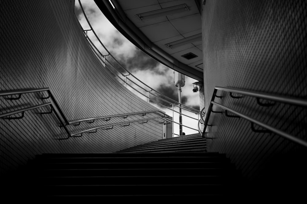 grayscale photography of empty stairs