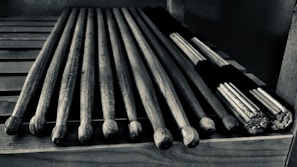 An assortment of colorful drumsticks arranged neatly.