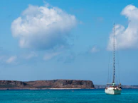 A boat sailing near the rocky coastline of Mallorca under a clear blue sky.
