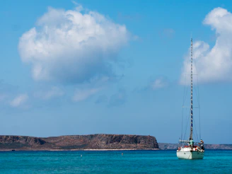 A boat sailing near the rocky coastline of Mallorca under a clear blue sky.