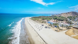 A scenic coastal landscape featuring a sandy beach lined with a row of parasols and palm trees. The calm ocean waves gently lap the shore. Residential buildings and lush greenery are visible further inland, with rolling hills in the distance under a clear blue sky.