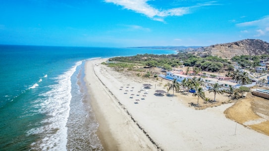 A scenic coastal landscape featuring a sandy beach lined with a row of parasols and palm trees. The calm ocean waves gently lap the shore. Residential buildings and lush greenery are visible further inland, with rolling hills in the distance under a clear blue sky.