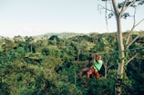 person sliding on zip line