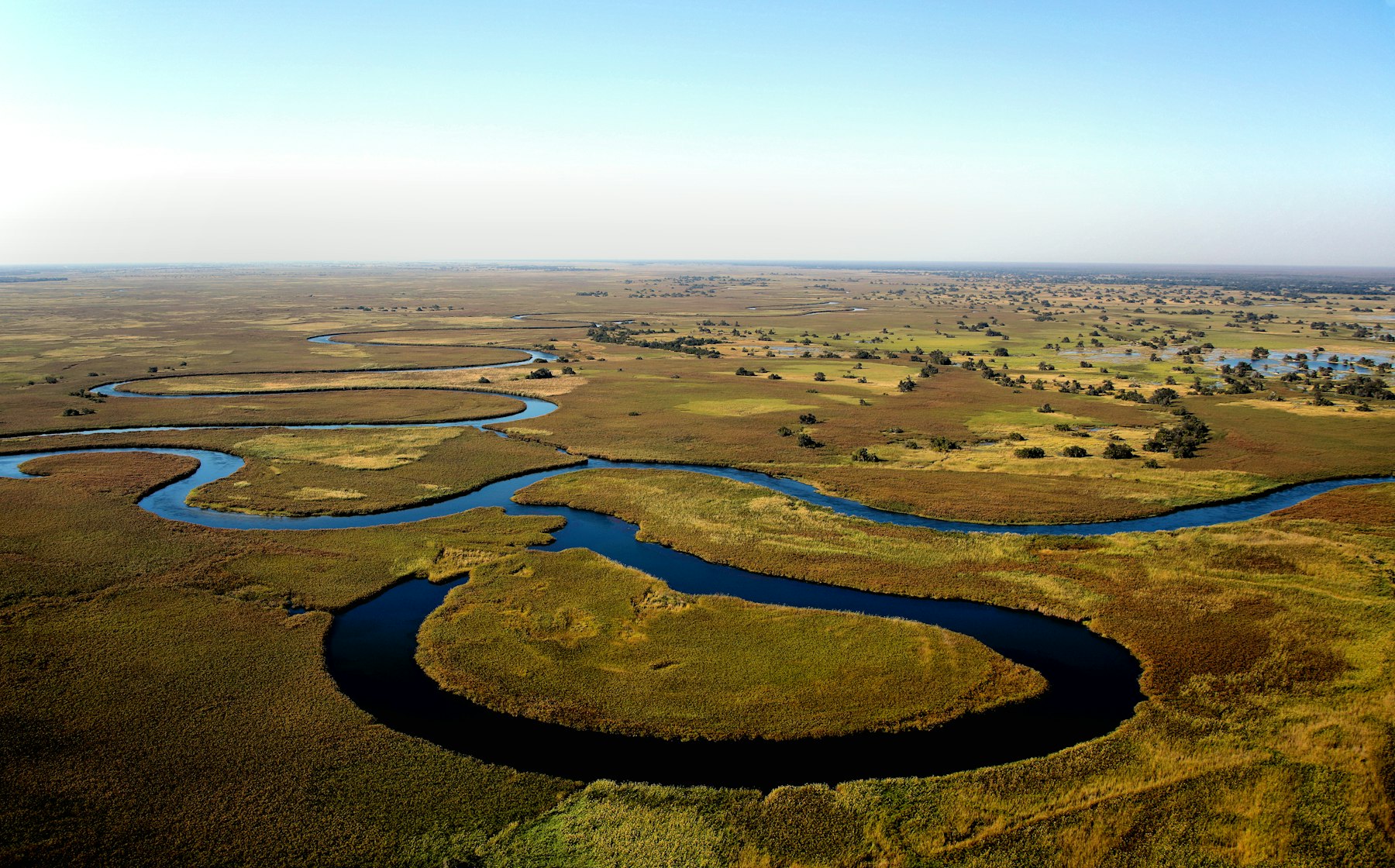 Aerial view of the Okavango Delta waterways winding through the Botswana wilderness