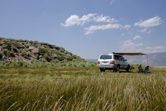A spacious SUV parked near a family enjoying a picnic outdoors.