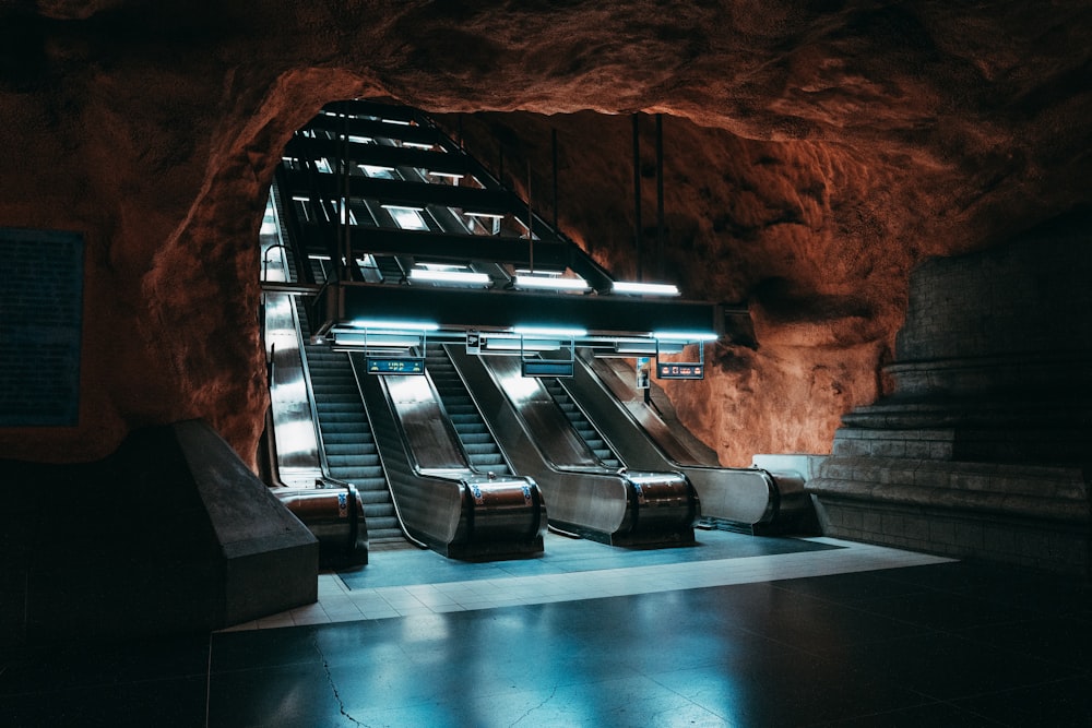 grey metal escalator