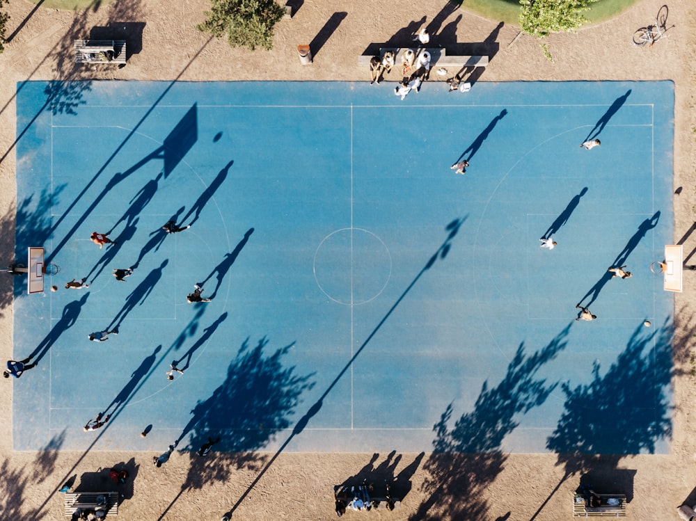 aerial view of basketball court with players inside