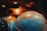 A detailed view of a globe showing the continents of North America and Europe. The globe is well-lit, highlighting the oceanic and land areas with vivid colors. Surrounding the globe, there are warm, dim lights creating a cozy ambiance.