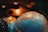A detailed view of a globe showing the continents of North America and Europe. The globe is well-lit, highlighting the oceanic and land areas with vivid colors. Surrounding the globe, there are warm, dim lights creating a cozy ambiance.