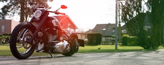 A sleek motorcycle is parked on a paved area in a residential neighborhood. The setting includes manicured lawns, trees, and houses with modern architectural designs. The sunlight creates highlights on the motorcycle's metallic surfaces, and a bird can be seen on the ground.