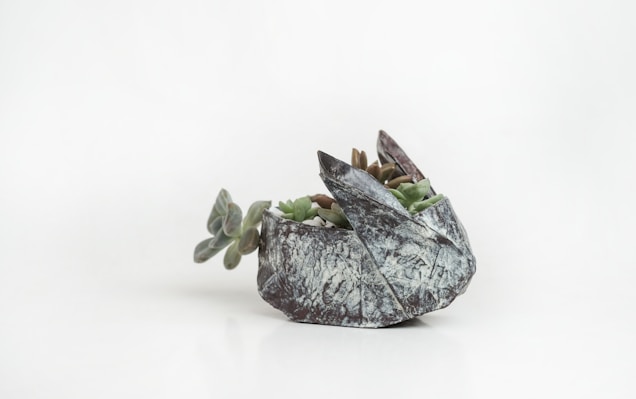 A decorative pot in the shape of a rabbit holds several small succulents. The pot has a textured, stone-like appearance with a mix of gray, white, and earthy tones. The succulents are varying shades of green and are compactly arranged within the container.