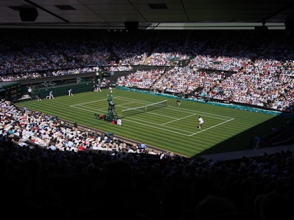 A tennis match is taking place in a large, packed stadium with a well-maintained grass court. Spectators fill the stands, many wearing hats, providing a lively atmosphere. The central focus is on the players actively engaged in the game, while a referee sits in a high chair overseeing the match.