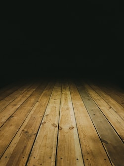A perspective view of a wooden plank floor leading into a dark, shadowy background. The floor is composed of natural, textured wooden planks with visible grains and knots, creating a sense of depth and leading lines.
