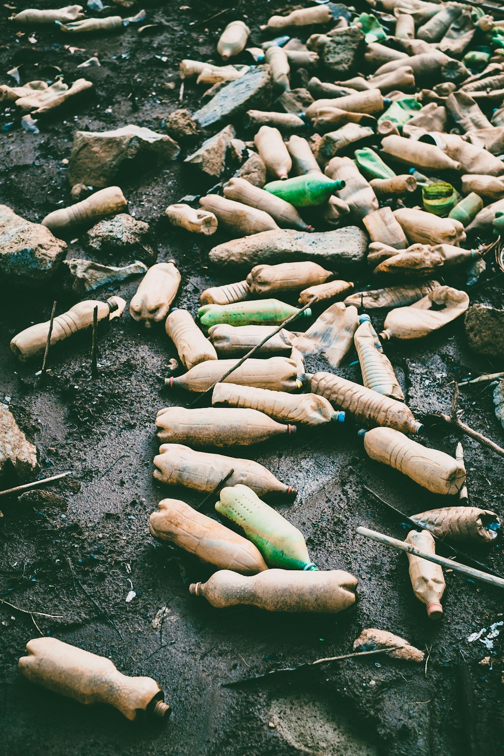 Botellas de plástico variadas esparcidas por el suelo