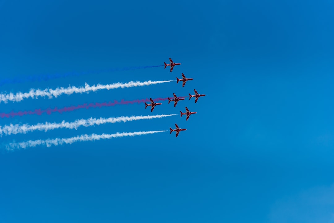 six aircraft, Red arrows display before the British Grand Prix at Silversone 2018.