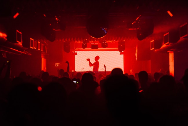 An immersive club scene with pulsating frequencies, silhouettes moving in sync with sound waves.