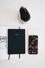 A flat lay of lifestyle essentials including a journal, sunglasses, and a water bottle.