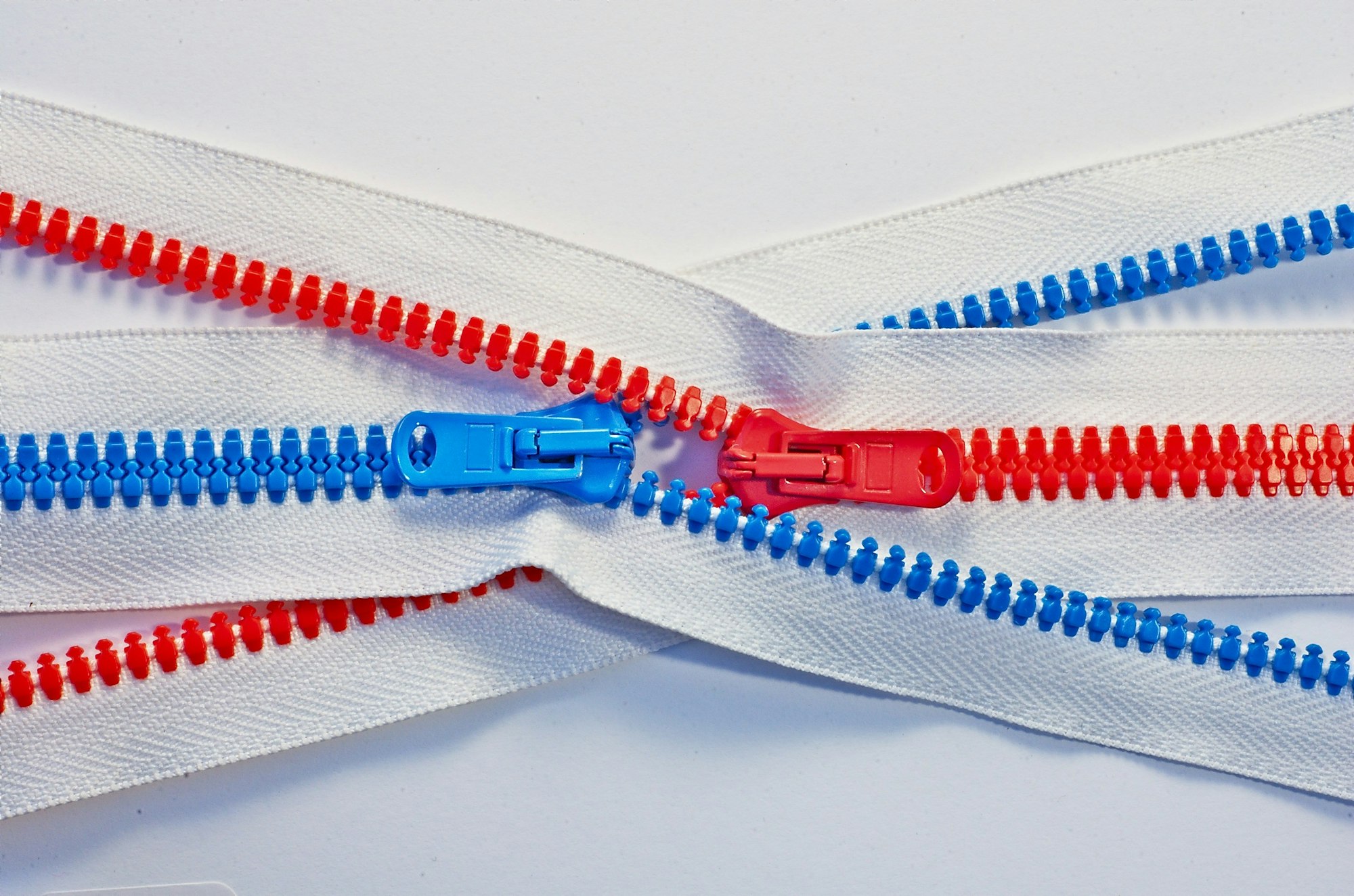 Two intertwined zippers, with blue and red teeth, like male and female, on white background