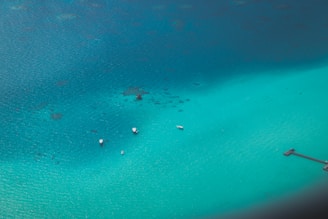 Drone view of colorful boats docked in a calm bay with clear blue water.