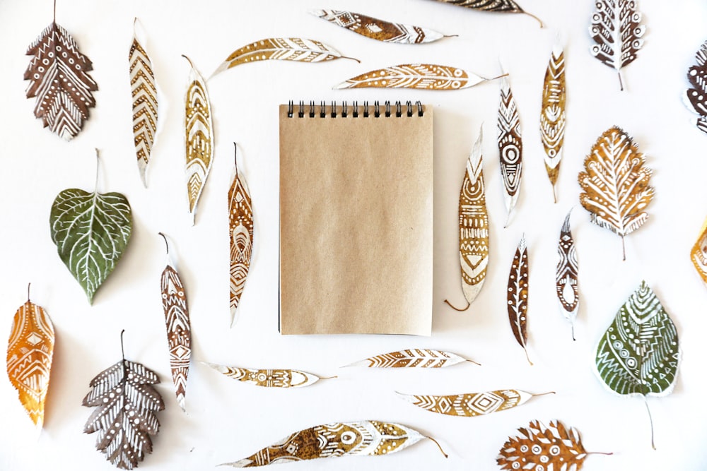 Photographie à plat de feuilles tribales et cahier de sténo