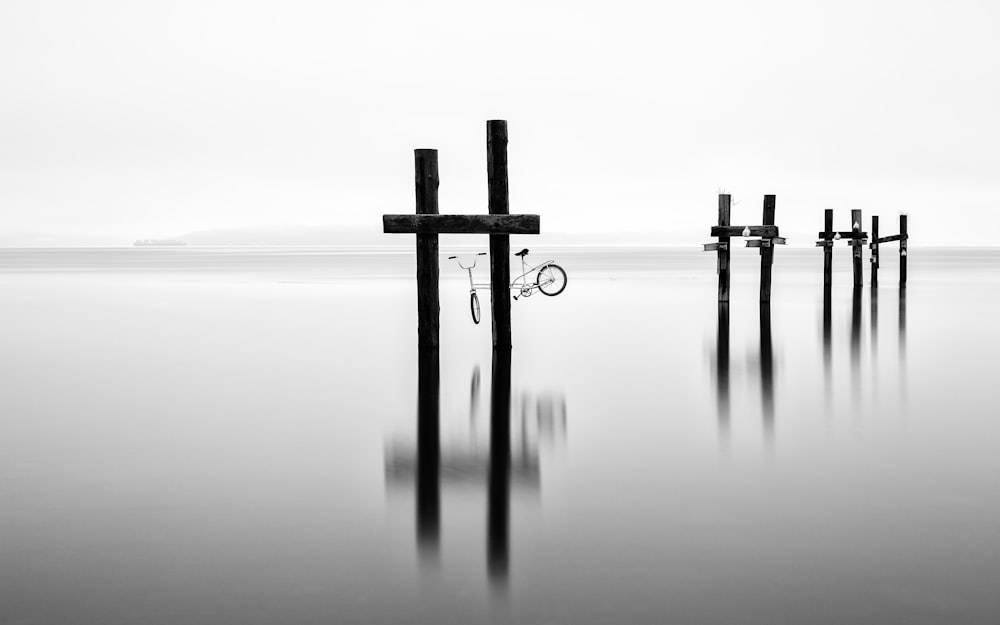 grayscale photography of body of water