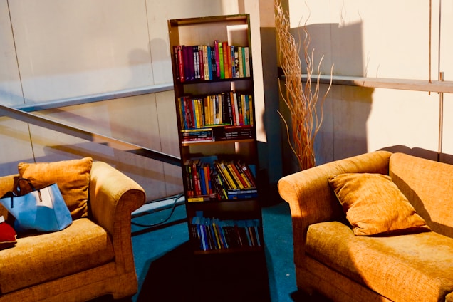 A cozy, sunlit room showcasing a minimalist Colena bookshelf filled with books, plants, and decorative items.