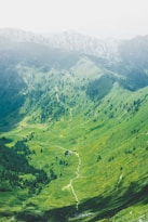 A lush green valley with a winding path leading through it. Small clusters of trees are scattered across the area, and a lone building is visible along the path. The surrounding mountains create an elevated backdrop, with varying shades of green and hints of mist or cloud cover near the peaks.
