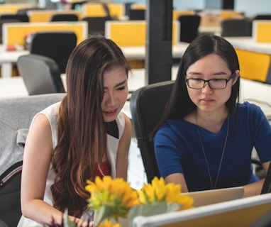 two sitting woman looking at silver laptop computer