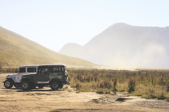two gray and green SUV's on grass field in Mount Bromo Indonesia