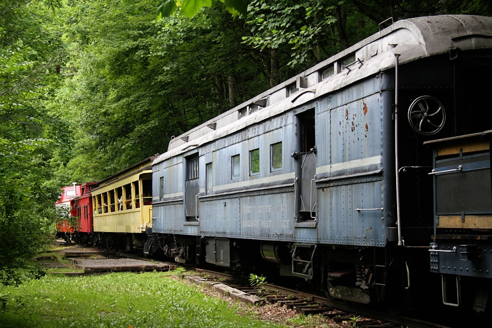 낮에는 숲에서 회색, 노란색, 빨간색 열차가 운행됩니다.
