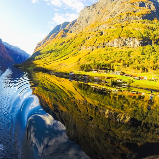 houses near mountain beside lake under blue and white skies in Nærøyfjord Norway