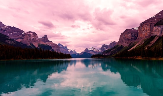 landscape photography of body of water overlooking mountain range in Maligne Lake Canada