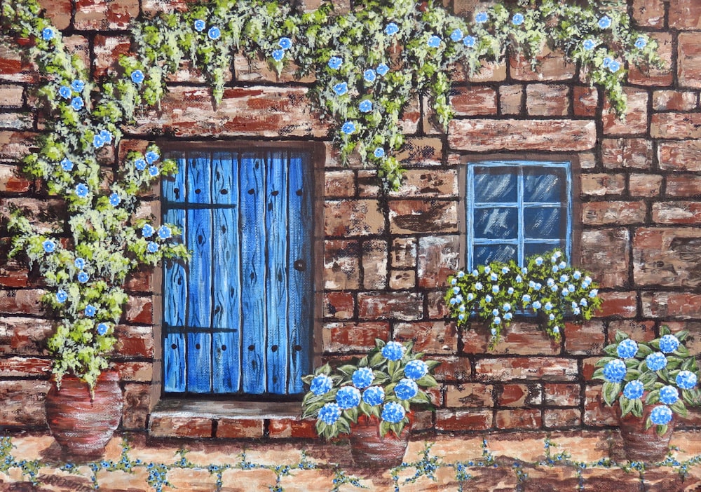 Malerei OG: braune und blaue Holztür und Schindelwand