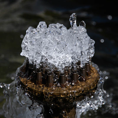 A water flosser in action, with water droplets sparkling against a clean white background.