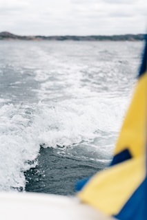 A view of the ocean with waves created by a boat's movement, accompanied by a blurred Swedish flag in the foreground. The horizon shows distant land under a cloudy sky.