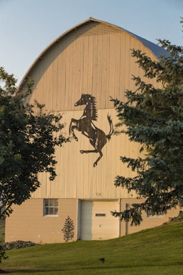 A large, rustic barn features a prominent mural of a rearing horse painted in black on its wooden facade. The barn is surrounded by lush green grass and framed by evergreen trees, creating a serene rural atmosphere. The sunlight casts gentle shadows, enhancing the textures of the barn's wooden panels.