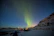 Northern lights dancing over a snowy forest with a group of excited hikers admiring the sky.