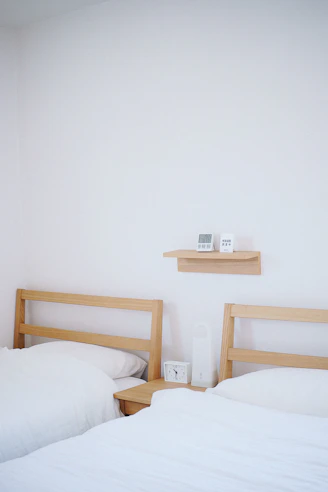 Bright bedroom with twin beds and minimalist design