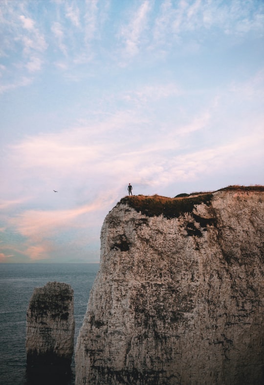 silhouette of standing man on top of rock formation near body of water in Old Harry Rocks United Kingdom