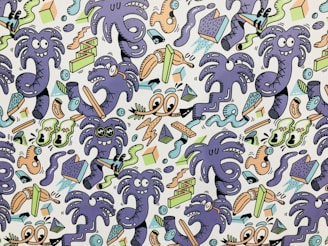 A vibrant and playful cartoon pattern features a series of whimsical purple creatures with various expressions, surrounded by abstract shapes. The design incorporates elements like eyes, squiggly lines, and geometric forms in a chaotic arrangement, giving a sense of movement and liveliness.
