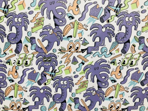 A vibrant and playful cartoon pattern features a series of whimsical purple creatures with various expressions, surrounded by abstract shapes. The design incorporates elements like eyes, squiggly lines, and geometric forms in a chaotic arrangement, giving a sense of movement and liveliness.