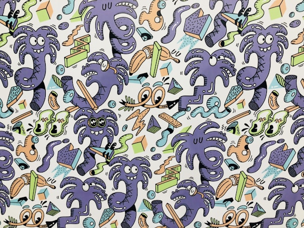 A vibrant and playful cartoon pattern features a series of whimsical purple creatures with various expressions, surrounded by abstract shapes. The design incorporates elements like eyes, squiggly lines, and geometric forms in a chaotic arrangement, giving a sense of movement and liveliness.